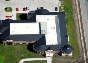 aerial view of multi-story school roof
