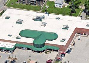 full aerial view of grocery store roof
