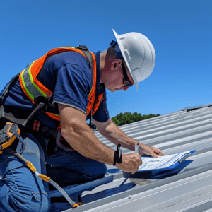 A construction worker in safety gear, including a hard hat, reflective vest, and harness, is kneeling on a metal rooftop under a clear blue sky. He is writing on a clipboard, focusing on his task in this large scale roofing project. Trees are visible in the background.