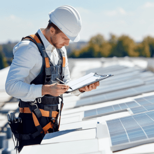 A worker wearing a white hard hat and safety harness inspects solar panels on a commercial roofing project, taking notes on a clipboard. The background shows a clear sky and trees in the distance.