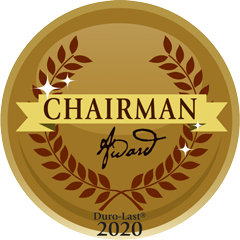 Gold circular emblem with a laurel design, featuring the text "CHAIRMAN Award" in the center. The bottom of the emblem reads "Duro-Last 2020.