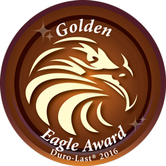 A circular emblem with an eagle design in the center. The text "Golden Eagle Award" is written at the top, and "Duro-Last © 2016" is at the bottom, all set against a brown background.