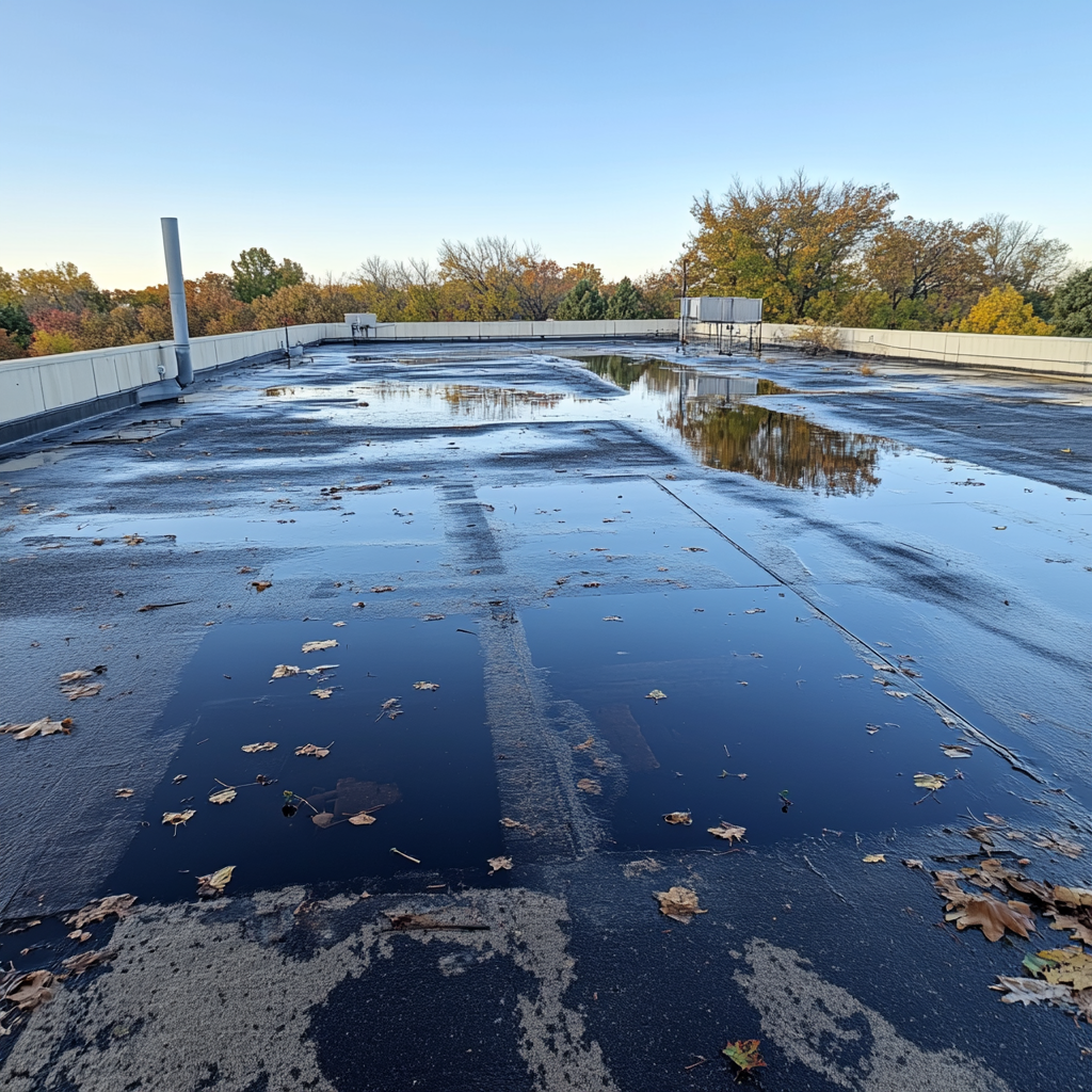 A flat rooftop with puddles of water and scattered autumn leaves, bordered by a white railing, with trees showing fall colors visible in the background under a clear sky.
